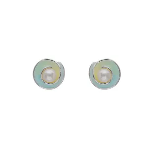 Pendientes de perlas en espiral con esmalte degradado azul y amarillo para mujer.