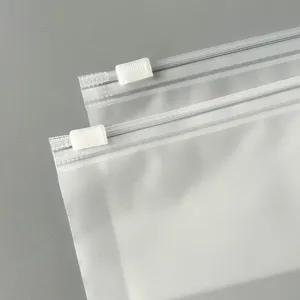 Frosted plastic zipper storage bag detail shot, waterproof portable packaging pouch with slider.