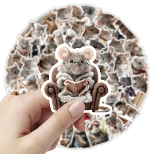 Cute mouse reading book sticker detail, waterproof aesthetic stationery, DIY laptop decal.