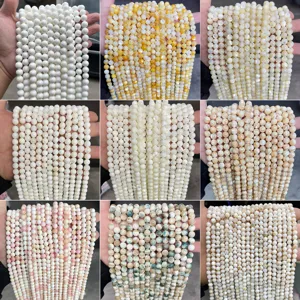 Collage of natural freshwater shell beads in various colors and pearlescent finishes.