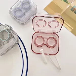 Contact lens case portable double box storage container travel set in clear pink color