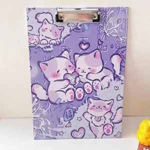 Portapapeles de gato lindo morado A4 tablero de escritura lindo papelería de dibujos animados.