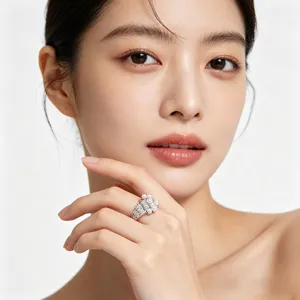 Elegant adjustable pearl ring with sparkling cubic zirconia worn by an Asian model