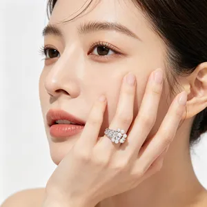 Elegant white pearl and sparkling zircon open adjustable ring on female model hand
