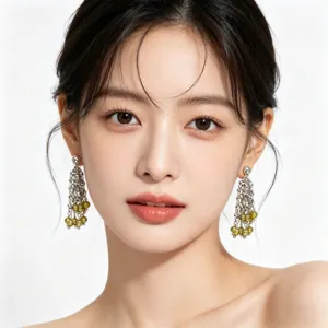 Elegante retrato de una mujer con pendientes de diseño con cuentas verdes y borlas largas
