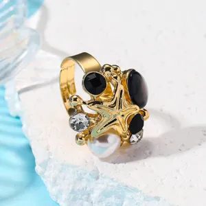 Anello stella bohémien retro con strass e perla, regolabile dorato galvanico moda chic.