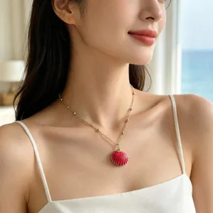 Alloy Gradient Shell Pendant Necklace Gold Edged Scallop Conch Bead Chain Summer Seaside Vacation Artificial Pearl Jewelry