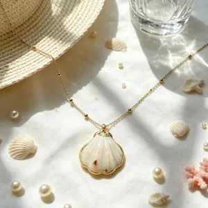 Summer beach resort style conch shell pendant necklace with delicate gold chain and elegant pearls.