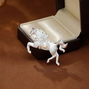 Elegant brushed silver horse brooch with pearl and crystal accents for women's suit jackets