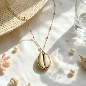 Detailed view of the summer beach vacation gold seashell pendant necklace for women stylish.