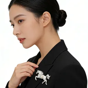 Elegant brushed silver horse brooch with pearl accent for women's blazer suit