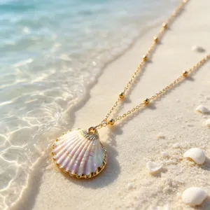 Summer ocean beach style golden shell pendant necklace for women, waterproof stainless steel.