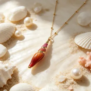 Closeup detail of a gold stainless steel conch shell pendant necklace, beach resort summer style.