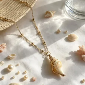 Seashell pendant necklace detail shot featuring gold chain and beach-themed styling props.