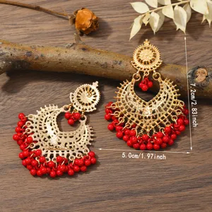 Vintage ethnic gold-tone metal hollow red beaded chandelier earrings for women fashion