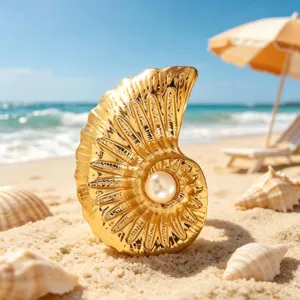 Squisito anello con conchiglia nautilus dorata e perla lucente, ideale per le vacanze estive.