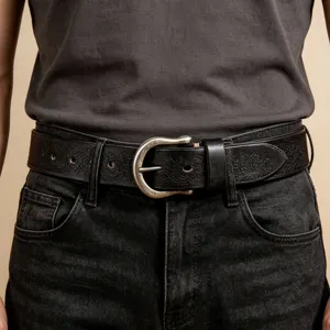 Men's genuine leather embossed belt vintage floral carved casual jeans belt with buckle