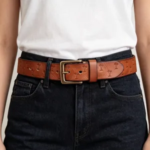 Retro genuine leather belt with embossed palm trees and brass buckle for men's daily wear.