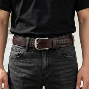 Men's vintage genuine leather belt with stylish woven detail and metal pin buckle daily wear