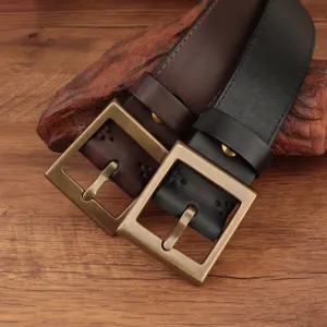 Cintura in pelle retrò da uomo con fibbia quadrata in ottone, cintura casual in vera pelle.
