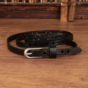 Black genuine leather thin belt for women, retro waist strap with metal buckle and cutout details.