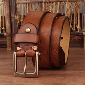 Retro men's genuine leather belt with embossed palm pattern and vintage metal buckle detail.