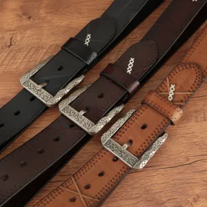 Classic men genuine leather belt vintage casual waistband with carved metal buckle stylish design