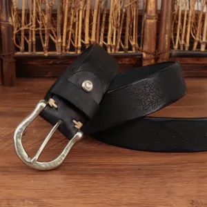Retro genuine leather belt for men with floral embossing and metal buckle, vintage style.