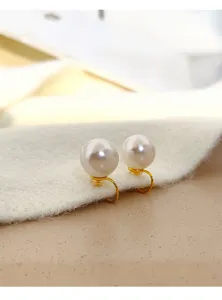Detailed view of elegant white pearl clip-on earrings with a gold-tone spiral plate base.