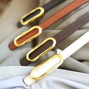 Detailed view of women thin genuine leather belt with elegant gold oval buckle in multi colors.