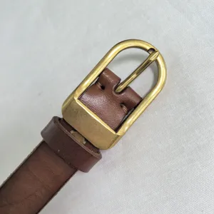Brown leather belt detail with gold metal pin buckle, premium fashion accessory hardware.
