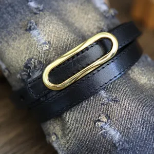Women genuine leather thin black belt minimalist fashion gold oval buckle waist dress strap