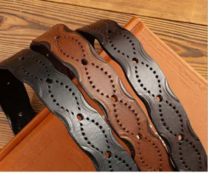 Handmade genuine cowhide leather women belt with vintage pierced floral pattern casual design.
