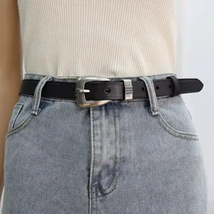 Retro vintage style black leather belt with silver zinc alloy pin buckle 23mm daily wear