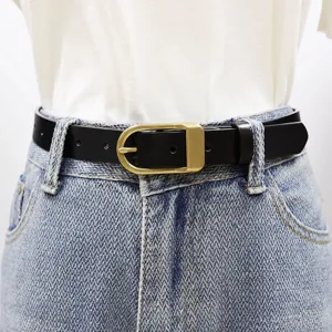 Classic black leather belt with gold metal semi-circle buckle for women fashion wear.