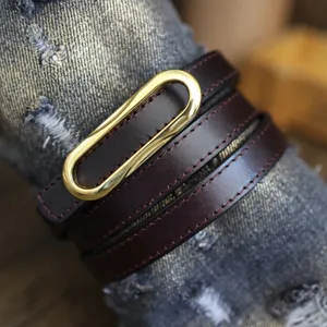 Minimalist women genuine leather wrap bracelet thin belt with polished gold oval metal buckle