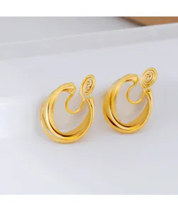 Close-up of vintage matte gold clip-on earrings featuring a minimalist layered C-shape