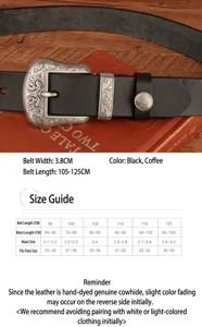Vintage genuine leather belt for men with large silver engraved metal buckle, western style.