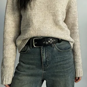 Handmade cowhide leather belt with retro metal cross decorations for casual jeans wear.