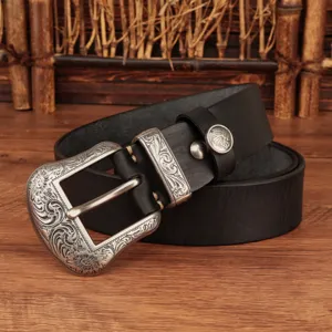 Vintage mens genuine leather belt with ornate engraved silver metal buckle casual jeans belt.