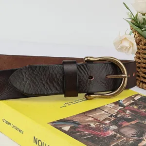 Retro genuine leather men's belt with antique brass horseshoe buckle casual design detail