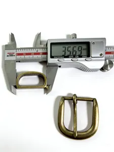 Detail view of antique brass zinc alloy D-ring and pin buckle for bag and belt hardware.