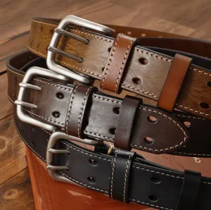Men's vintage leather belt set, double prong pin buckle, casual jeans waist belt brown black.