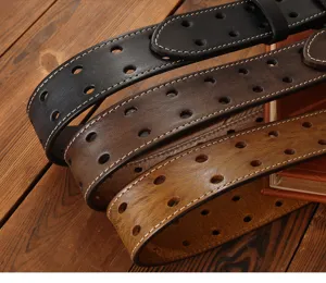 Mens leather belt casual double row punched holes stylish brown black fashion detail view