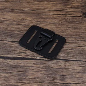Black leather belt key holder detail shot, metal hook and loop design for convenient waist hanging.