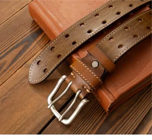 Men's vintage genuine leather belt with stylish hollow design and durable metal pin buckle.