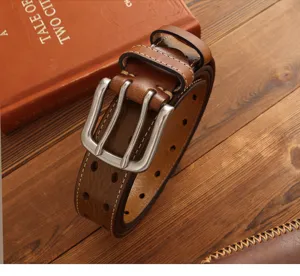 Men's vintage brown leather belt with double prong buckle and double-row punch holes.