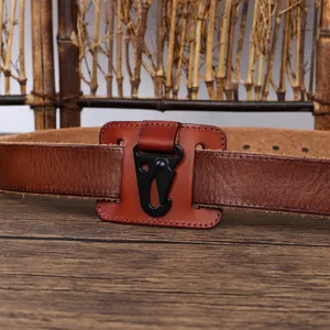 Leather belt key holder detail, vintage brown leather loop with black metal hook for keys.