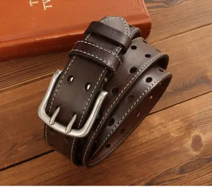 Men's retro brown leather belt with metal double pin buckle and casual punched hollow design.