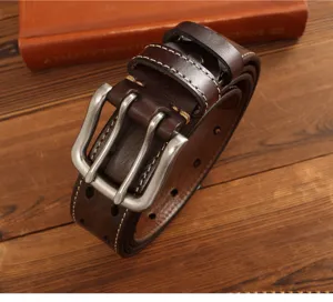 Men's vintage brown leather belt with double prong metal buckle and contrast stitching casual.